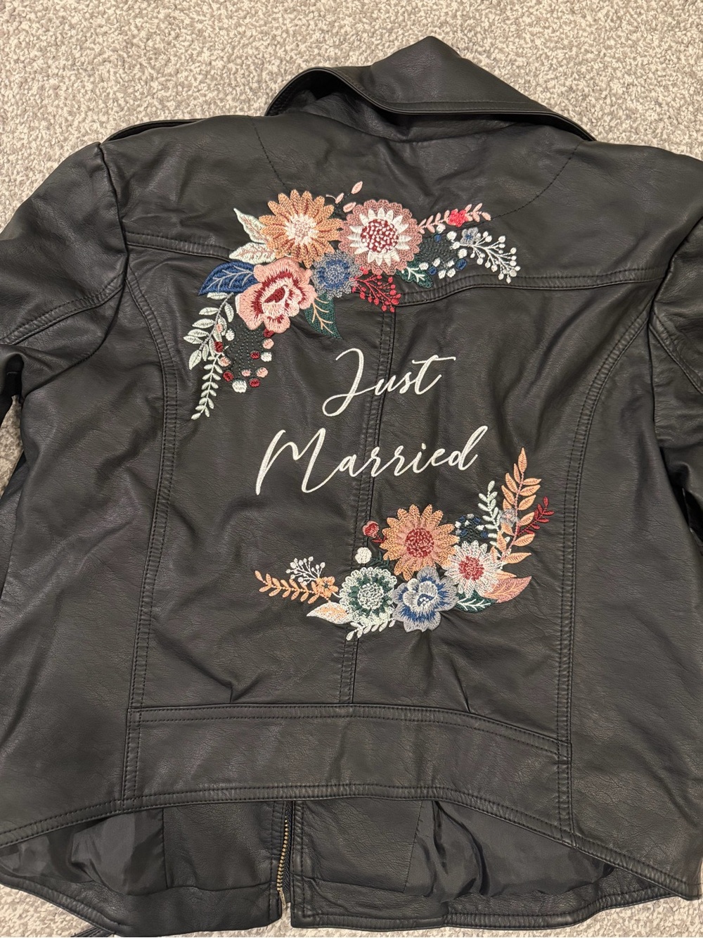 David's Bridal Black Faux Leather Jacket with Floral Embroidered Wreaths